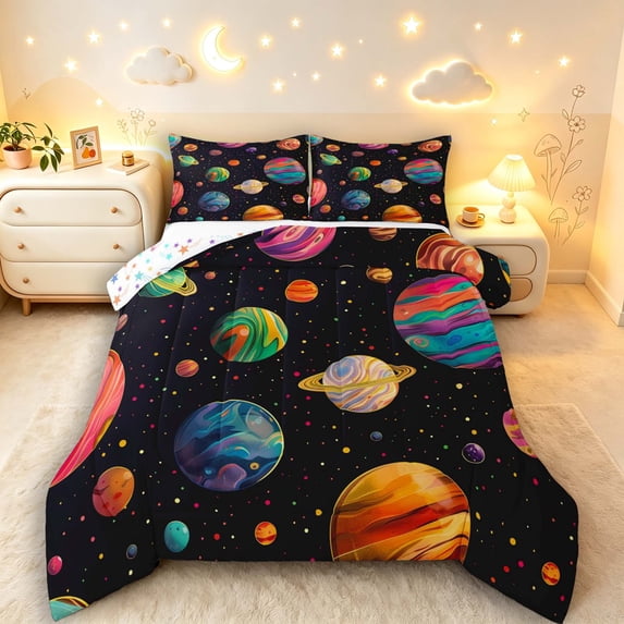 Manfei Cartoon Colorful Planets King Size Comforter Sets,Celestial Stars Dots Comforters King Size,Black,Colorful Stars Reversible,3 Pieces,1 Comforter and 2 Pillowcases