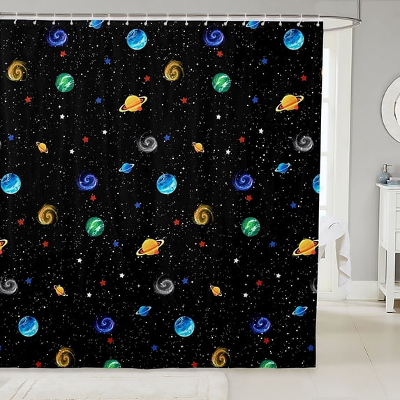 Manfei Cartoon Colorful Planets Shower Curtain 72Wx72L,Celestial Stars Bathroom Curtain,Black
