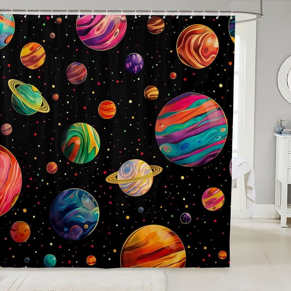 Manfei Cartoon Colorful Planets Shower Curtain 72Wx78L,Celestial Stars Dots Bath Curtain,Black