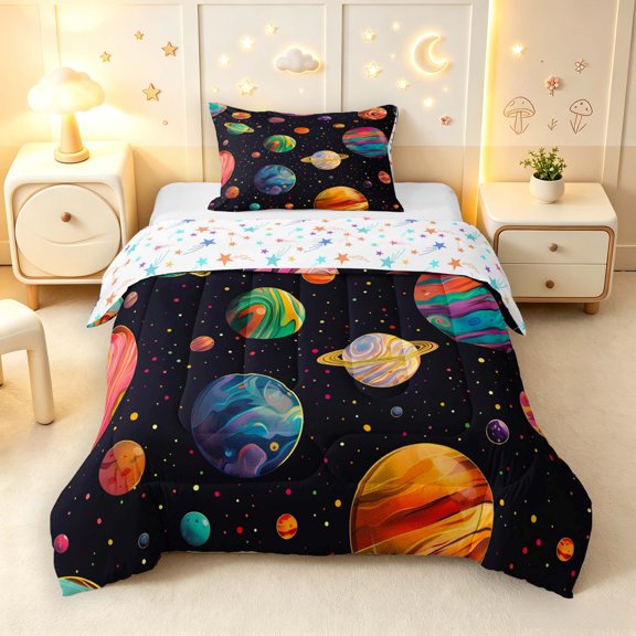 Manfei Cartoon Colorful Planets Twin Comforter Sets,Celestial Stars Dots Bedding Set,Black,Colorful Stars Reversible,2 Pieces,1 Comforter and 1 Pillowcase