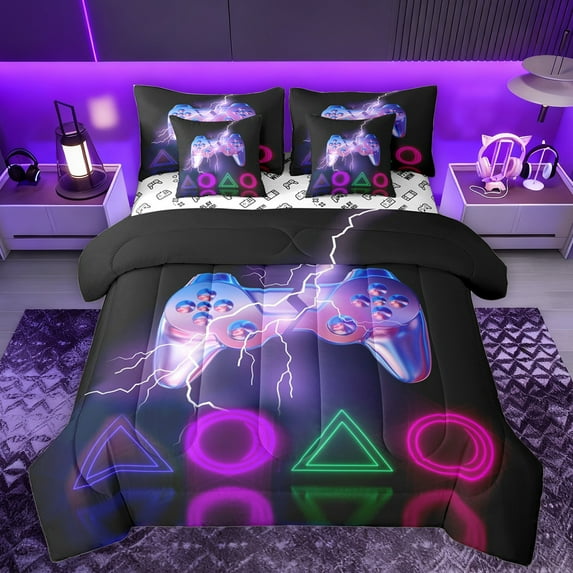 Manfei Cartoon Console 7-Piece Bedding Comforter Set,Modern Video Game King Bedding Sets,Triangle Circle Pattern Bed Sheets For Boys Teens,Super Cozy Room Decor Reversible