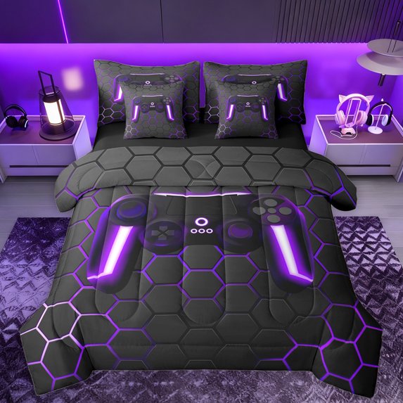Manfei Cartoon Console 7-Piece Twin Bedding Sets,Modern Video Game Bedding Comforter Set,Purple Geometric Honeycomb Sheet Sets For Boys Teens,Super Cozy Room Decor Reversible