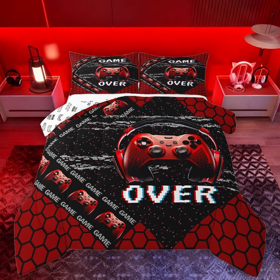 Manfei Cartoon Console Bedding Comforter Set,Gamer Gaming Twin Comforter Sets,Modern Geometric Hexagon Bedding Set For Adults,Luxury Bedroom Decor Reversible,2pcs
