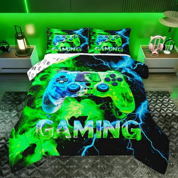 Manfei Cartoon Console Bedding Comforter Set,Modern Video Game Twin Comforter Sets,Green Black Bedding Set For Boys Teens,Super Cozy Room Decor Reversible,2 Pieces