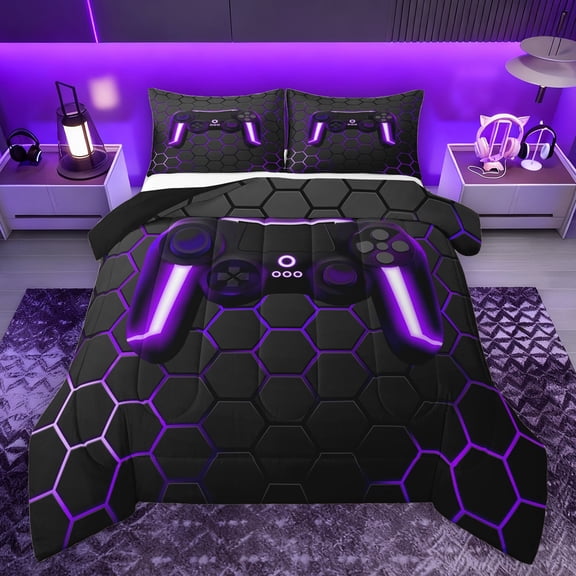 Manfei Cartoon Console Bedding Comforter Set,Modern Video Game Twin Comforter Sets,Purple Geometric Honeycomb Bedding Set For Boys Teens,Super Cozy Room Decor Reversible,2-Piece