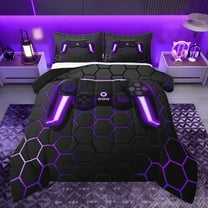 Manfei Cartoon Console Bedding Comforter Set,Modern Video Game Twin Comforter Sets,Purple Geometric Honeycomb Bedding Set For Boys Teens,Super Cozy Room Decor Reversible,2-Piece