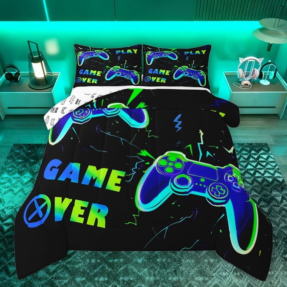 Manfei Cartoon Console Full Size Comforter Sets,Modern Video Game Bedding Comforter Set,Green Blue Black Bedding Sets For Boys Teens,Super Cozy Room Decor Reversible,3 Pieces