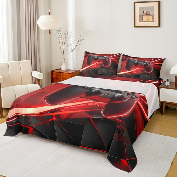 Manfei Cartoon Console Queen Sheet Sets,Modern Video Game Flat Sheet,Red Black Abstract Geometric Queen Fitted Sheet For Boys Teens,Super Cozy Room Decor,4pcs