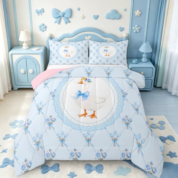 Manfei Cartoon Coquette Bowknot Full Size Comforter Sets,Lovely Wildlife Goose Bedding Comforter Set,Pink Reversible,3pcs,1 Comforter and 2 Pillowcases