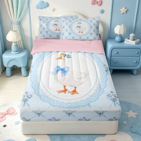 Manfei Cartoon Coquette Bowknot Zipper Twin Comforter Sets with Fitted Sheet and 2 Pillowcases,Lovely Wildlife Goose Zipper Bedding Set,Pink Reversible,4 Pieces