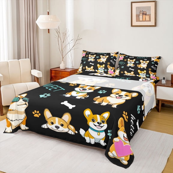 Manfei Cartoon Corgi Dog 4 Pieces Queen Sheet Sets for Teens Kids Children,Kawaii Animal Ultra Soft Flat Sheet,Cute Pets Queen Fitted Sheet,Ultra Soft Home Decor