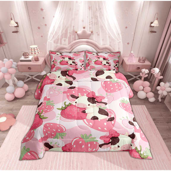 Manfei Cartoon Cow Child Full Size Comforter Sets, Kawaii Pink Strawberry Bedding Comforter Set, Princess Cute Ribbon Bedding Sets, Super Cozy Room Decor, 3-Piece