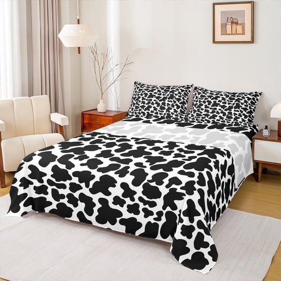 Manfei Cartoon Cow Print Bed Sheets,Cattle Pattern King Sheets,White Black Sheet Set For Kids,Ultra Soft Home Decor,4-Piece