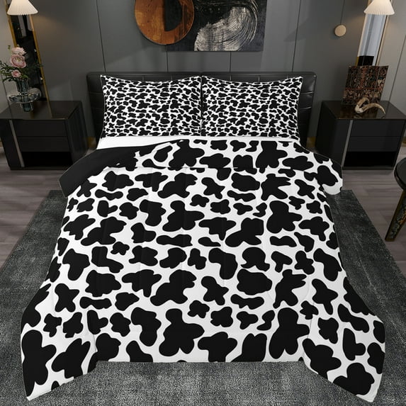 Manfei Cartoon Cow Print Queen Comforter Set,Cattle Pattern Bedding Sets,White Black Bedding Comforter Set For Kids,Ultra Soft Home Decor Reversible,3pcs