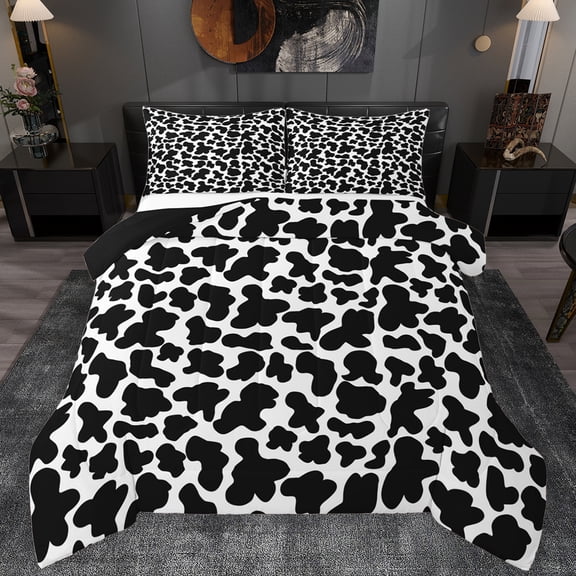 Manfei Cartoon Cow Print Queen Comforter Set,Cattle Pattern Bedding Sets,White Black Bedding Comforter Set For Kids,Ultra Soft Home Decor Reversible,3pcs