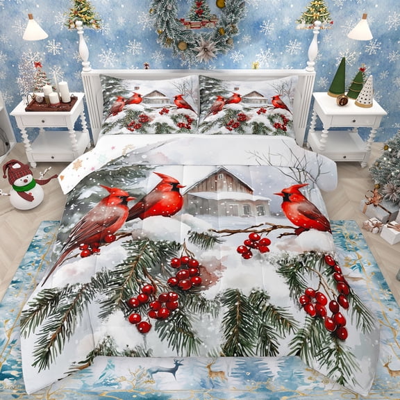 Manfei Cartoon Cardinal Bird Bedding Comforter Set,Red Christmas Berry Twin Comforter Sets,Rustic Farmhouse Cabin Bedding Set For Men Women,Microfiber Bedroom Decor Reversible,2 Pieces