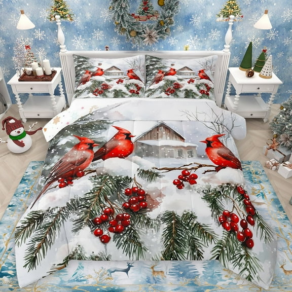Manfei Cartoon Cardinal Bird Queen Comforter Set,Red Christmas Berry Bedding Sets,Rustic Farmhouse Cabin Bedding Comforter Set For Men Women,Microfiber Bedroom Decor Reversible,3-Piece