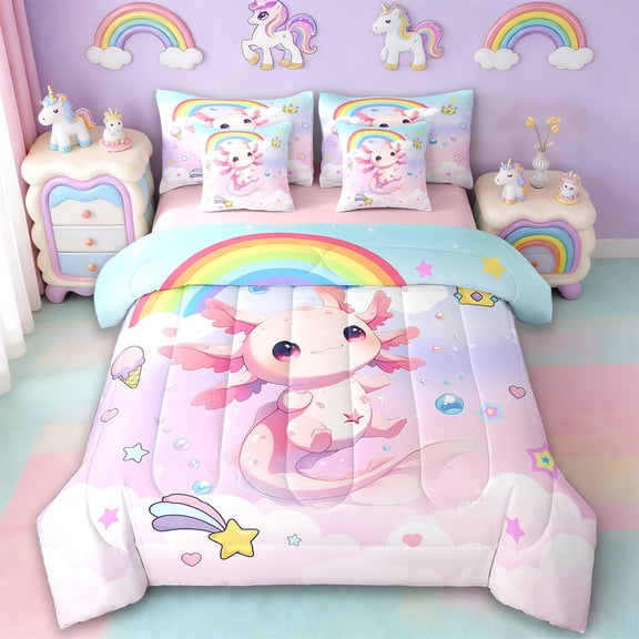 Manfei Cartoon Cute Axolotl 7-Piece Twin Bedding Sets,Kawaii Rainbow Stars Bedding Comforter Set,Ocean Sealife Sheet Sets For Girls Kids,Breathable Home Decor Reversible