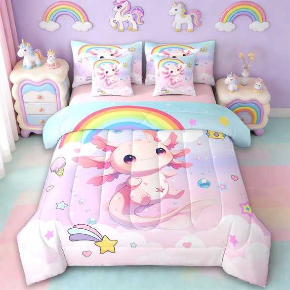 Manfei Cartoon Cute Axolotl 7 Pieces Bedding Comforter Set,Kawaii Rainbow Stars Full Bedding Set,Ocean Sealife Fitted Sheet Flat Sheet For Girls Kids,Breathable Home Decor Reversible