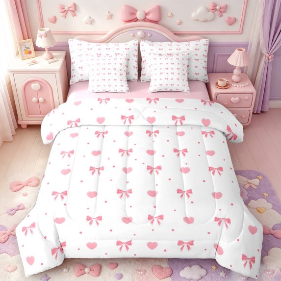 Manfei Cartoon Cute Bow 7-Piece Twin Bedding,Pink Princess Bowknot Bedding Comforter Set,Pink Reversible