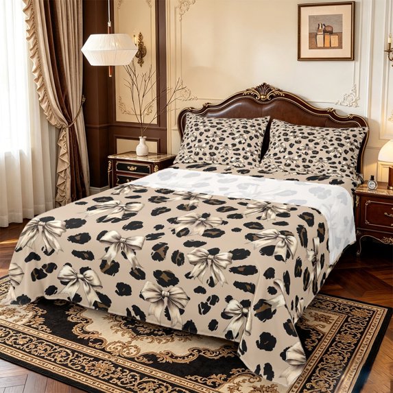 Manfei Cartoon Cute Bow Bed Sheets,Brown Leopard Print Full Size Sheets,4pcs,1 Flat Sheet,1 Fitted Sheet and 2 Pillowcases