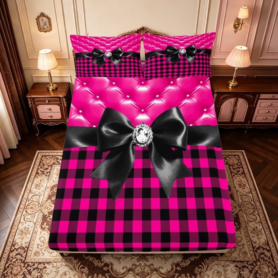 Manfei Cartoon Cute Bow Fitted Sheet Full,Geometric Plaid Buffalo Bed Set,3 Pieces,1 Fitted Sheet and 2 Pillowcases