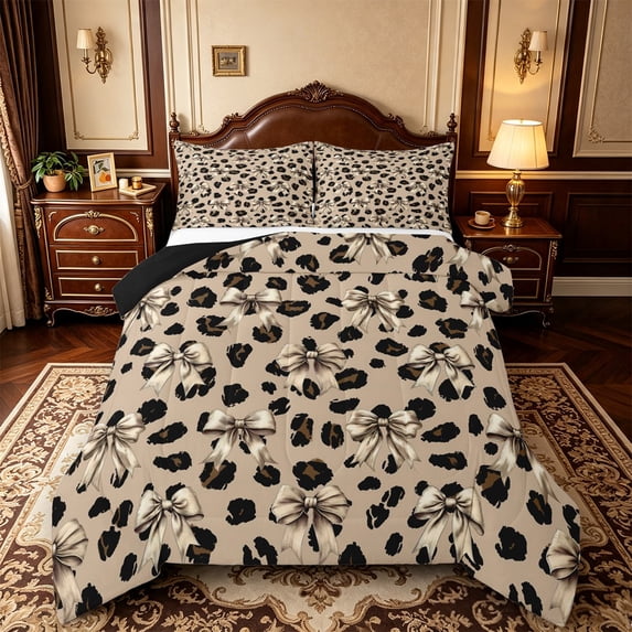 Manfei Cartoon Cute Bow Full Size Comforter Sets,Brown Leopard Print Bedding Comforter Set,Black Reversible,3pcs,1 Comforter and 2 Pillowcases