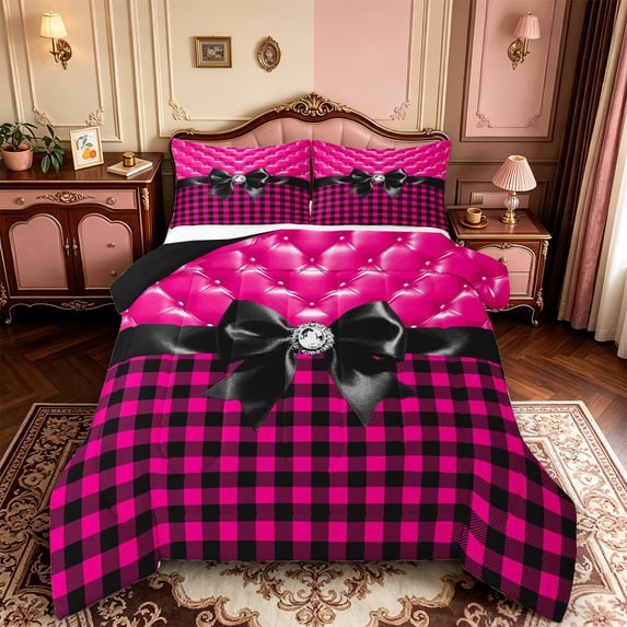 Manfei Cartoon Cute Bow Full Size Comforter Sets,Geometric Plaid Buffalo Bedding Comforter Set,Black Reversible,3 Pieces,1 Comforter and 2 Pillowcases