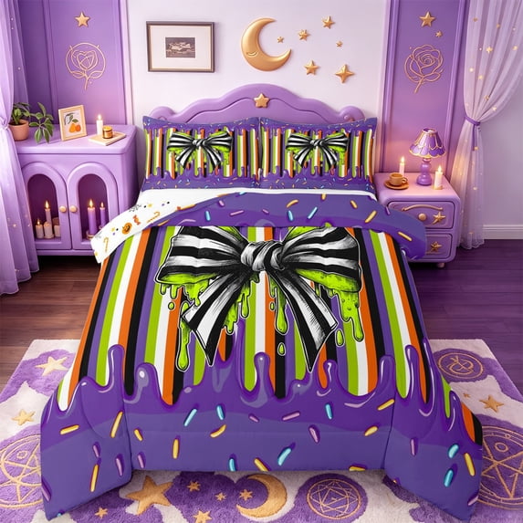 Manfei Cartoon Cute Bow King Size Comforter Sets,Watercolor Coquette Bowknot Comforters King Size,Halloween Reversible,3 Pieces,1 Comforter and 2 Pillowcases