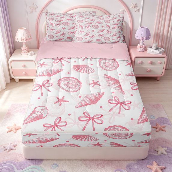 Manfei Cartoon Cute Bow Zipper Full Size Comforter Sets with Fitted Sheet and 2 Pillowcases,Pink Ocean Conch Shell Zipper Bedding Set,Pink Reversible,4-Piece