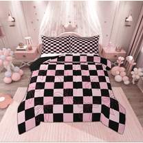 Manfei Cartoon Cute Bowknot Bedding Comforter Set, Pink Checkered Buffalo Twin Comforter Sets, Kawaii Princess Style Reversible Bedding Set, Super Cozy Room Decor, 2 Pieces