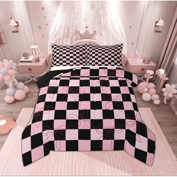 Manfei Cartoon Cute Bowknot Bedding Comforter Set, Pink Checkered Buffalo Twin Comforter Sets, Kawaii Princess Style Reversible Bedding Set, Super Cozy Room Decor, 2 Pieces