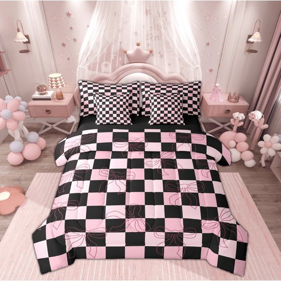 Manfei Cartoon Cute Bowknot Twin Bedding Sets 7-Piece, Pink Checkered Buffalo Bedding Comforter Set, Kawaii Princess Style Reversible Sheet Sets, Super Cozy Room Decor