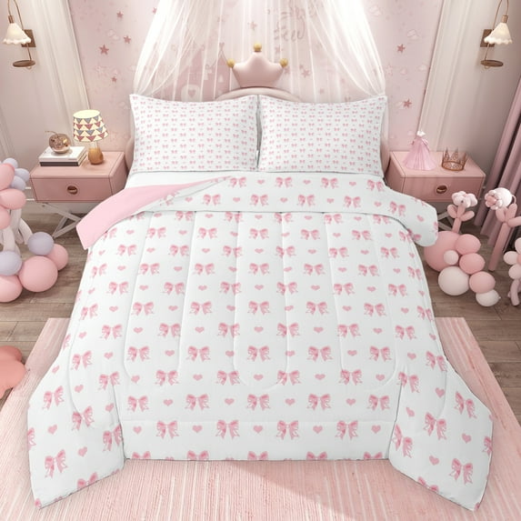 Manfei Cartoon Cute Bowtie Bedding Comforter Set,Kawaii Loves Pattern Twin Comforter Sets,Pink Bow Tie Bedding Set For Girls Kids,Luxury Bedroom Decor Reversible,2 Pieces