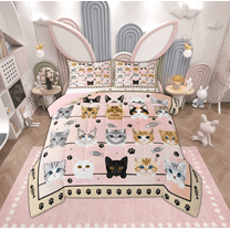Manfei Cartoon Cute Cat Bedding Comforter Set for Kid, Pink Watercolor Twin Comforter Sets, Kawaii Animal Paw Reversible Bedding Set, Microfiber Bedroom Decor, 2-Piece