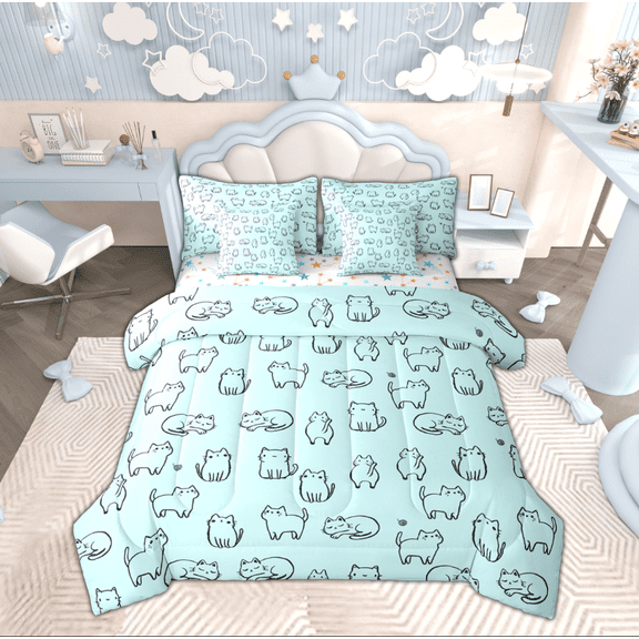 Manfei Cartoon Cute Cat Twin Bedding Sets 7-Piece, Kawaii Blue Animal Bedding Comforter Set, Teens Boys Girls Kids Reversible Sheet Sets, Microfiber Bedroom Decor