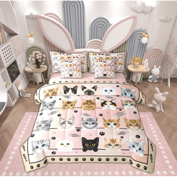 Manfei Cartoon Cute Cat Twin Bedding Sets 7-Piece for Kid, Pink Watercolor Bedding Comforter Set, Kawaii Animal Paw Reversible Sheet Sets, Microfiber Bedroom Decor