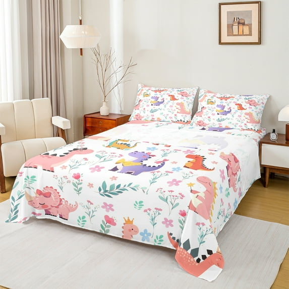 Manfei Cartoon Cute Dinosaur Bed Sheets for Kids, Dinosaur Animal King Sheets, Leaf Flower Botanical Sheet Set, Breathable Home Decor, 4pcs