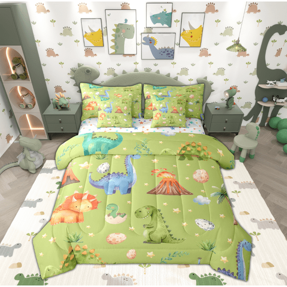 Manfei Cartoon Cute Dinosaur Bedding Comforter Set 7 Pieces for Kids, Dinosaur Animal Full Bedding Set, Leaf Flower Botanical Reversible Fitted Sheet Flat Sheet, Ultra Soft Home Decor