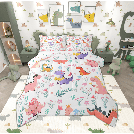Manfei Cartoon Cute Dinosaur Full Size Comforter Sets for Kids, Dinosaur Animal Bedding Comforter Set, Leaf Flower Botanical Reversible Bedding Sets, Breathable Home Decor, 3pcs