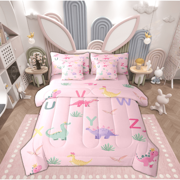 Manfei Cartoon Cute Dinosaur Twin Bedding Sets 7-Piece, Kawaii Monogrammed Bedding Comforter Set, Teens Boys Girls Kids Reversible Sheet Sets, Microfiber Bedroom Decor
