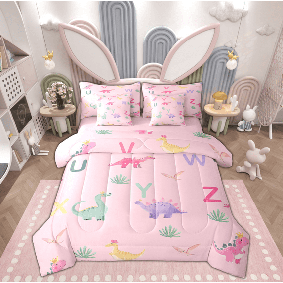 Manfei Cartoon Cute Dinosaur Twin Bedding Sets 7-Piece, Kawaii Monogrammed Bedding Comforter Set, Teens Boys Girls Kids Reversible Sheet Sets, Microfiber Bedroom Decor