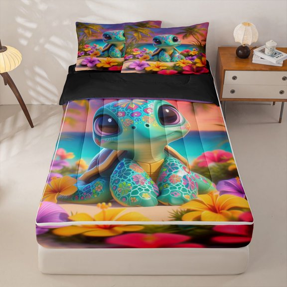 Manfei Cartoon Cute Floral Sea Turtle Zipper Twin Comforter Sets with Fitted Sheet and 2 Pillowcases for Kids Boys and Girls, Tropical Beach Zipper Bedding Set, Black Reversible, 4pcs