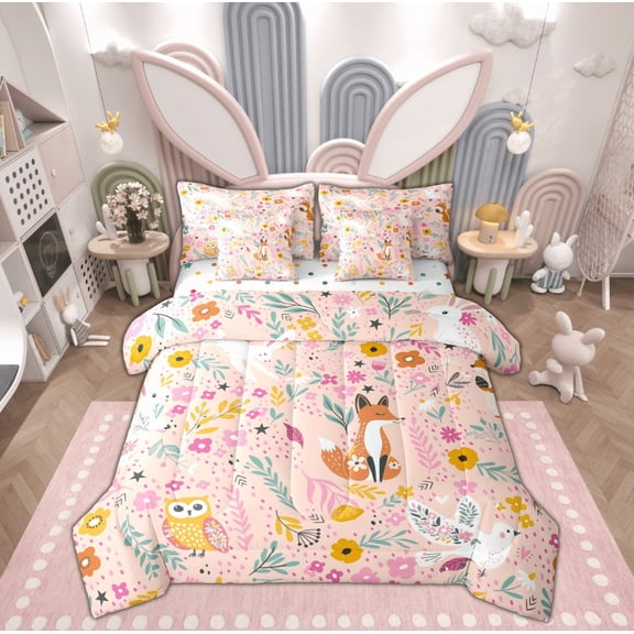 Manfei Cartoon Cute Fox Bedding Comforter Set 7-Piece for Kids, Kawaii Owl Ribbit Animal King Bedding Sets, Rustic Flower Reversible Bed Sheets, Ultra Soft Home Decor