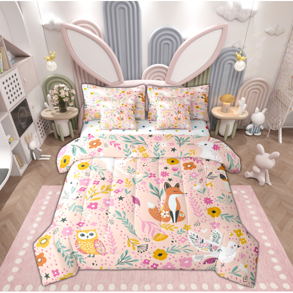 Manfei Cartoon Cute Fox Bedding Comforter Set 7 Pieces for Kids, Kawaii Owl Ribbit Animal Full Bedding Set, Rustic Flower Reversible Fitted Sheet Flat Sheet, Ultra Soft Home Decor