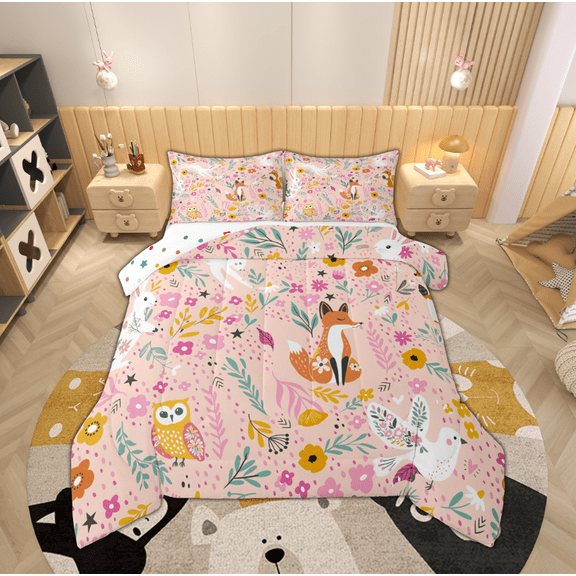 Manfei Cartoon Cute Fox Bedding Comforter Set for Kids, Kawaii Owl Ribbit Animal Twin Comforter Sets, Rustic Flower Reversible Bedding Set, Ultra Soft Home Decor, 2 Pieces