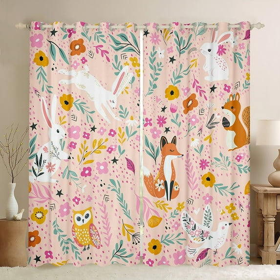 Manfei Cartoon Cute Fox Curtains Pack of 2 (42x84 Each) for Kids, Kawaii Owl Ribbit Animal Curtains Blackout, Rustic Flower Bedroom Curtains, Black Out Curtains Home Decor