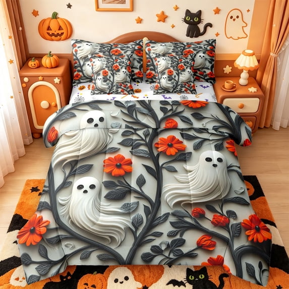 Manfei Cartoon Cute Ghost 7 Pieces Full Size Bedding Sets,Gothic Halloween Full Size Bed in a Bag,Halloween Reversible