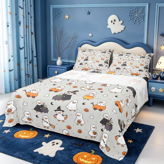 Manfei Cartoon Cute Ghost Bed Sheets,Halloween Witch Print Full Size Sheets,4 Pieces,1 Flat Sheet,1 Fitted Sheet and 2 Pillowcases