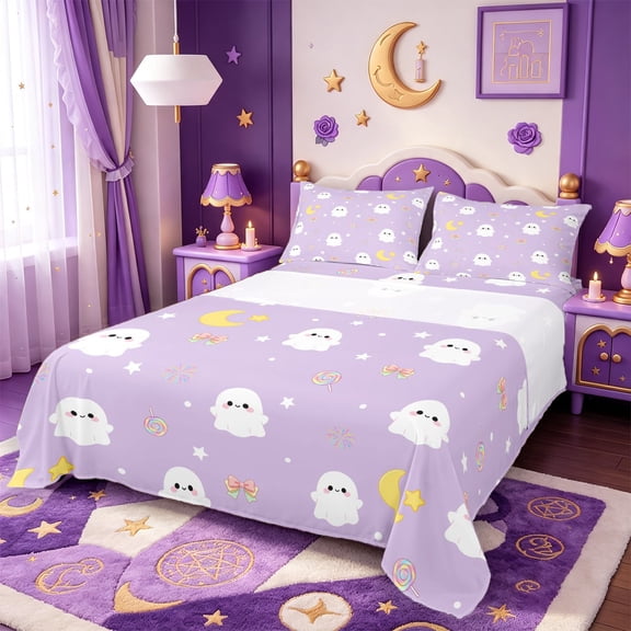 Manfei Cartoon Cute Ghost Bed Sheets,Sugar Skeleton Print Halloween Full Size Sheets,4-Piece,1 Flat Sheet,1 Fitted Sheet and 2 Pillowcases